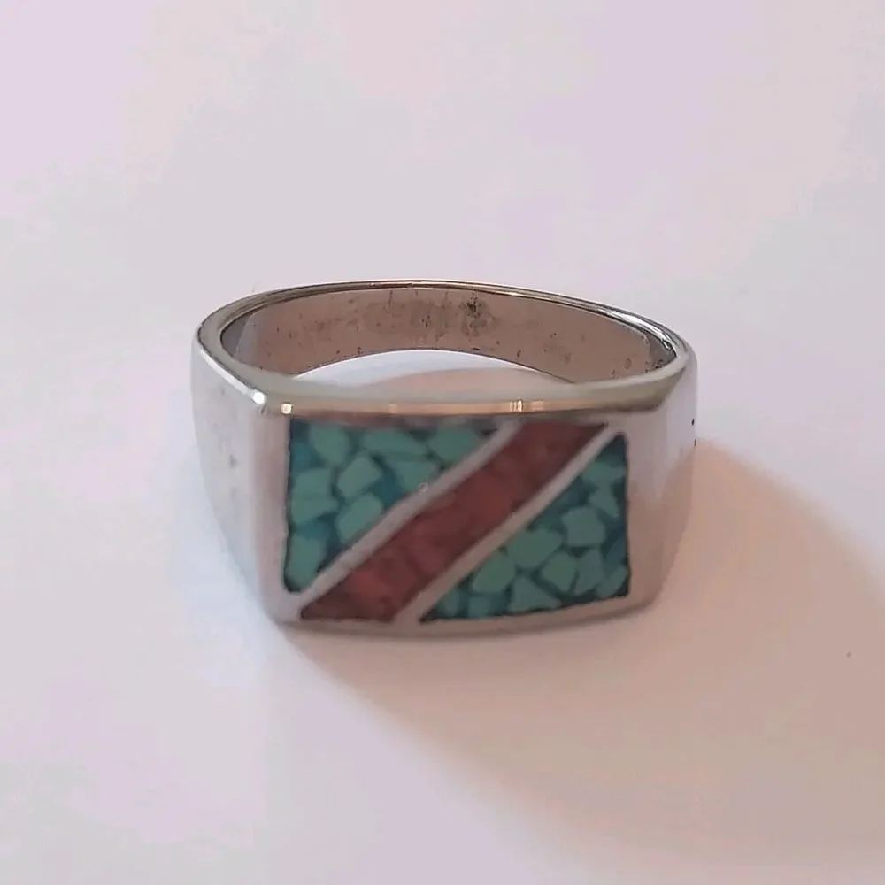 Men's Ring Sz 10.5 Silver Tone Faux Colorful Southwestern Style Inlay
